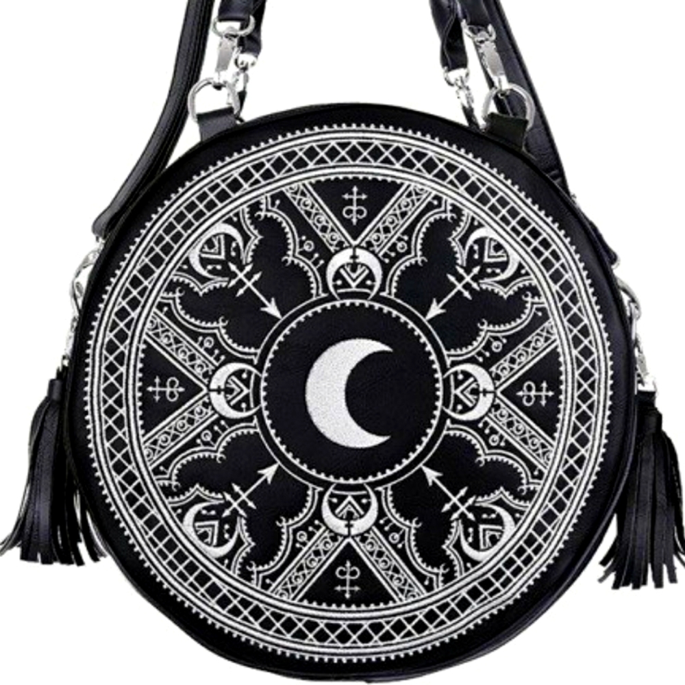 RESTYLE "HENNA WHITE ROUND BAG" Moon embroidery handbag, witchy purse with moon